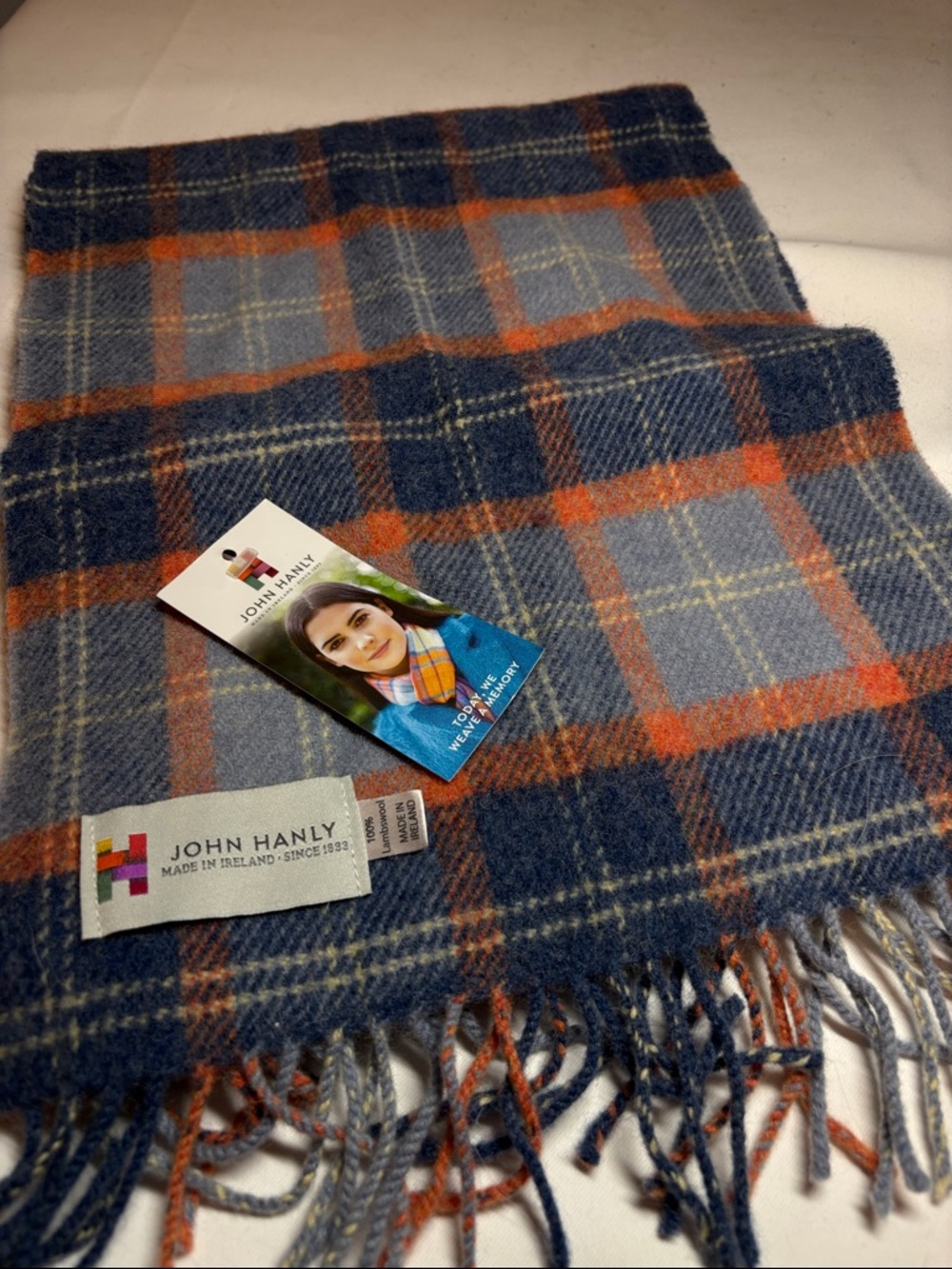 John Hanly NWT Navy & Orange Plaid Lambswool Scarf 11” x 56”